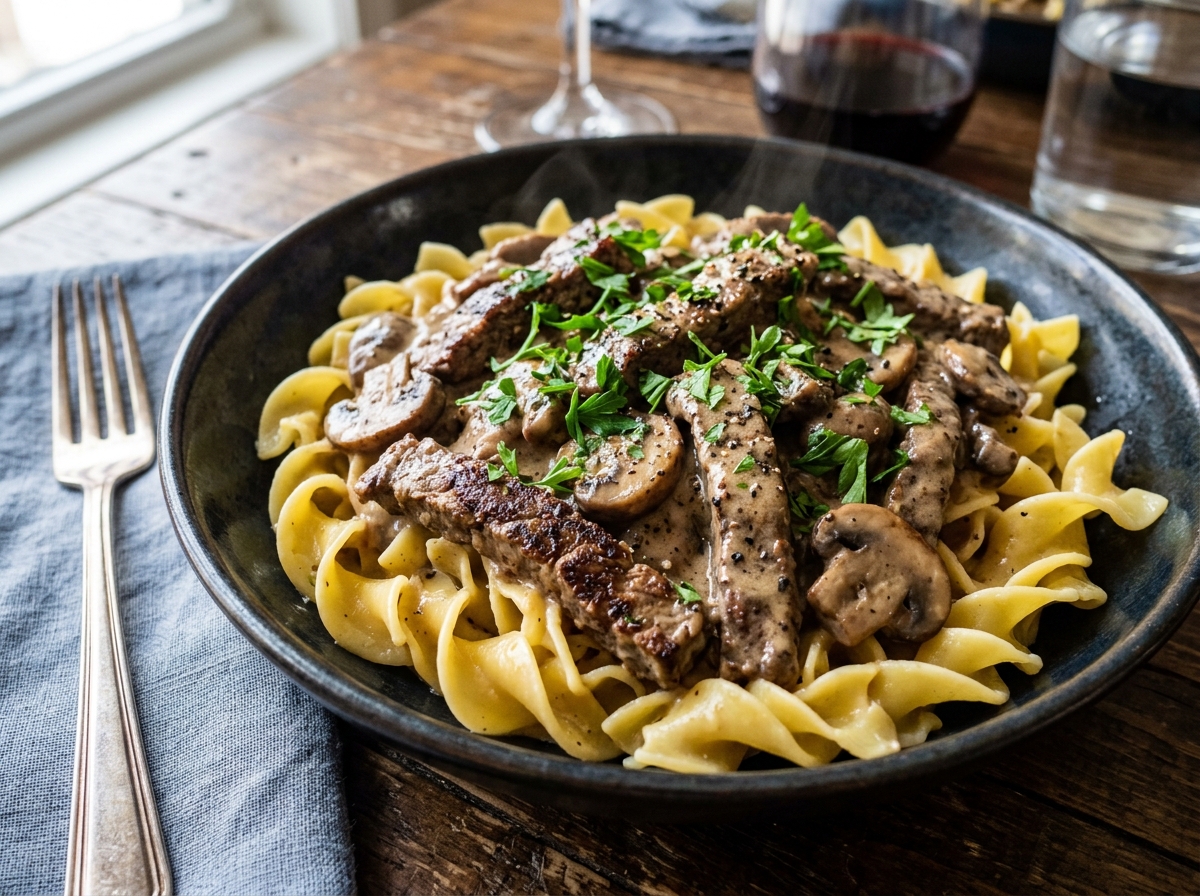 Seared sirloin beef strips and cremini mushrooms in sour cream gravy over buttered egg noodles