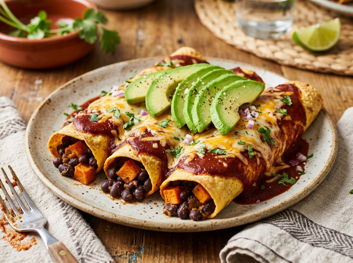 Rolled corn tortillas with spiced black beans and roasted sweet potato in red enchilada sauce