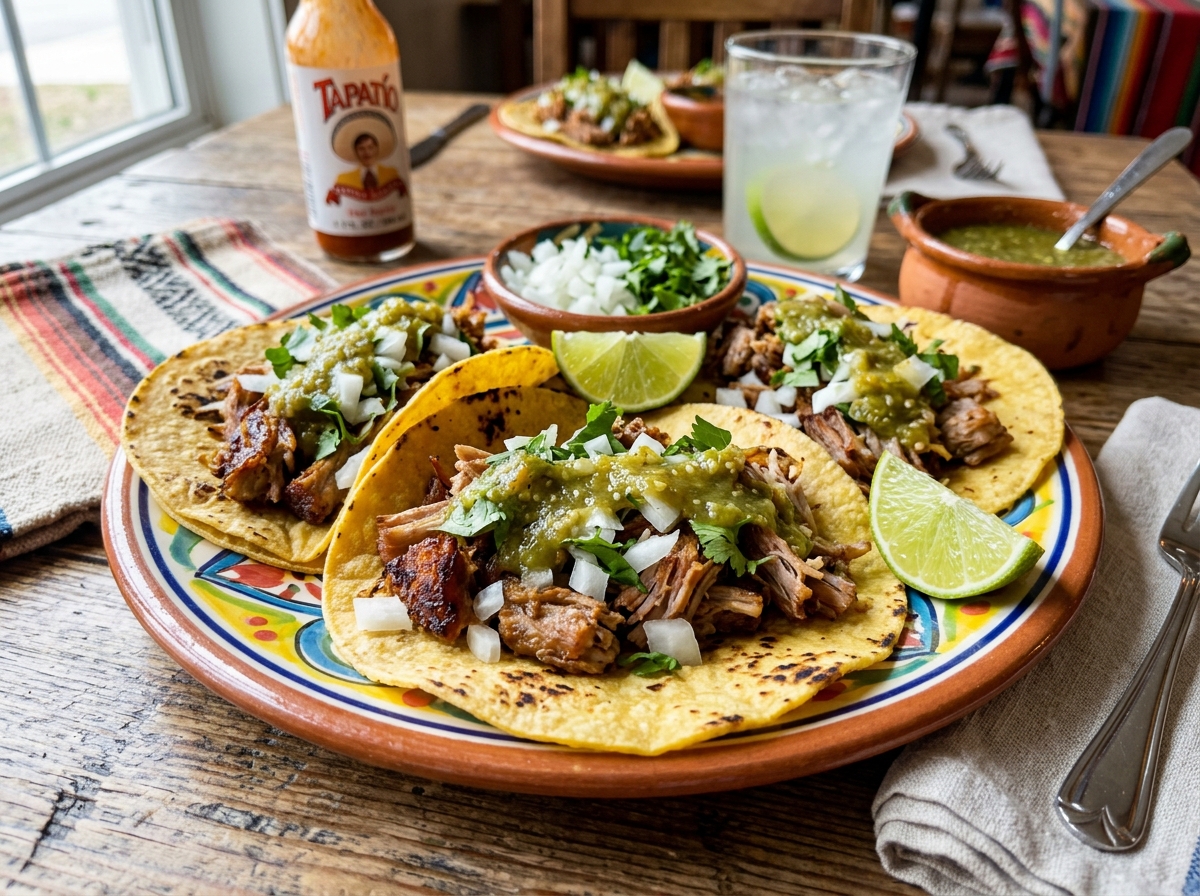 Crisp slow-cooked pork carnitas in warm corn tortillas with diced white onion and cilantro