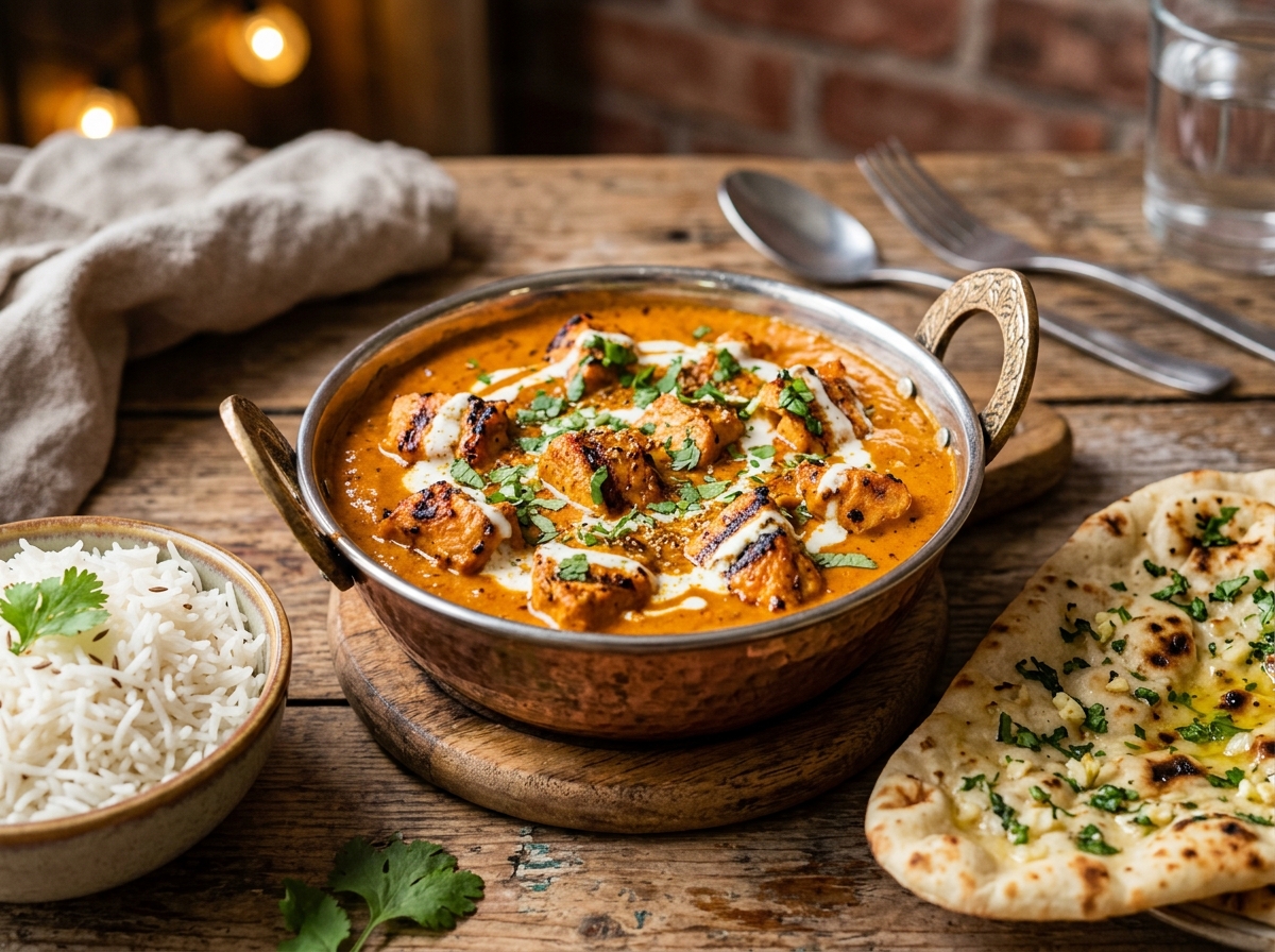 Tender charred chicken chunks simmered in creamy orange spiced tomato masala curry