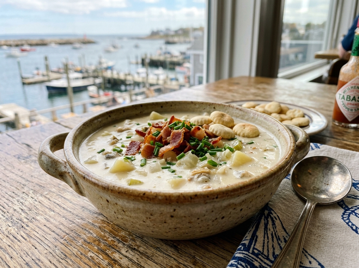 Creamy New England clam chowder with tender sea clams, diced russet potatoes, and bacon