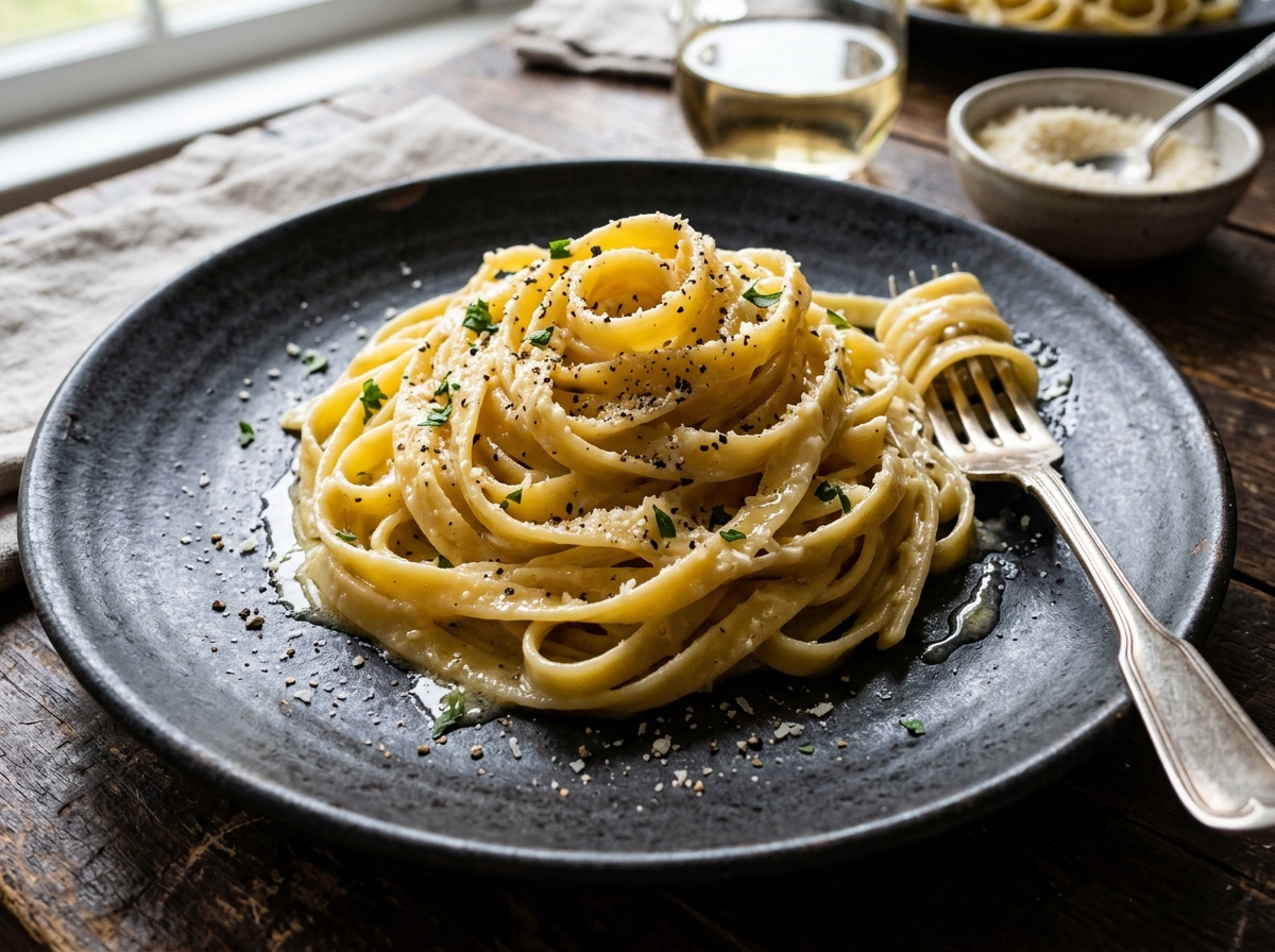 Silky fettuccine noodles coated in rich butter and Parmigiano-Reggiano emulsion