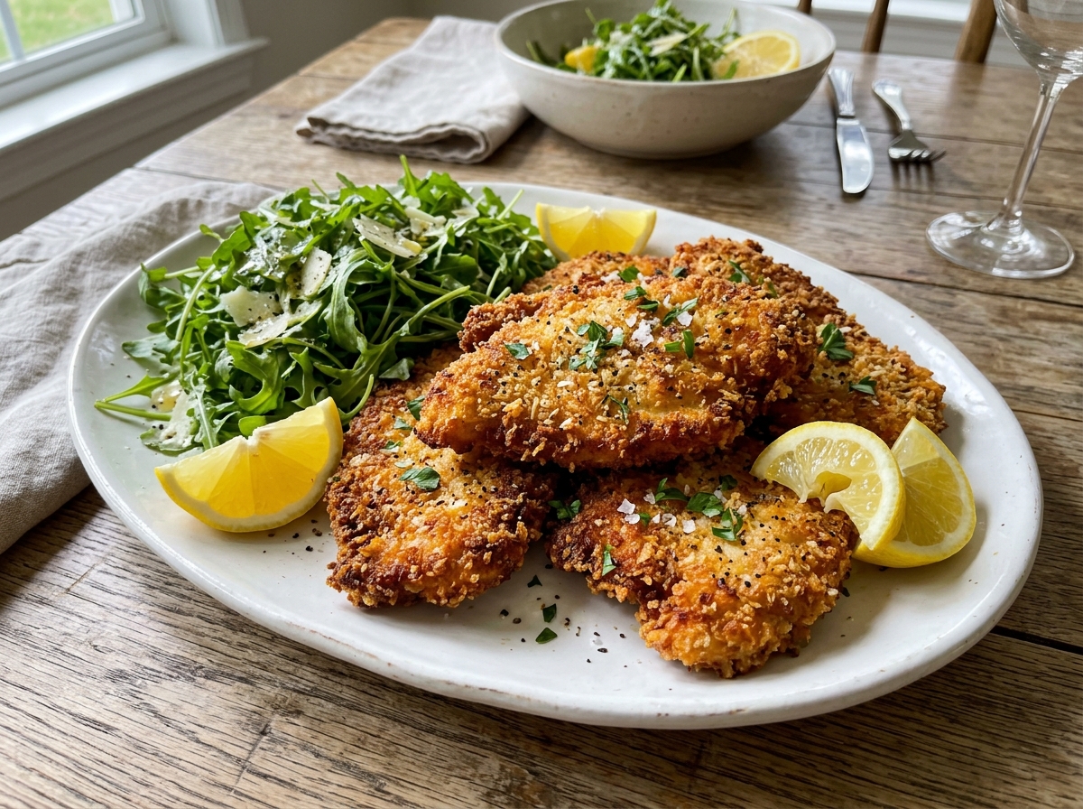 Golden brown parmesan and panko crusted chicken cutlets with lemon wedges and arugula