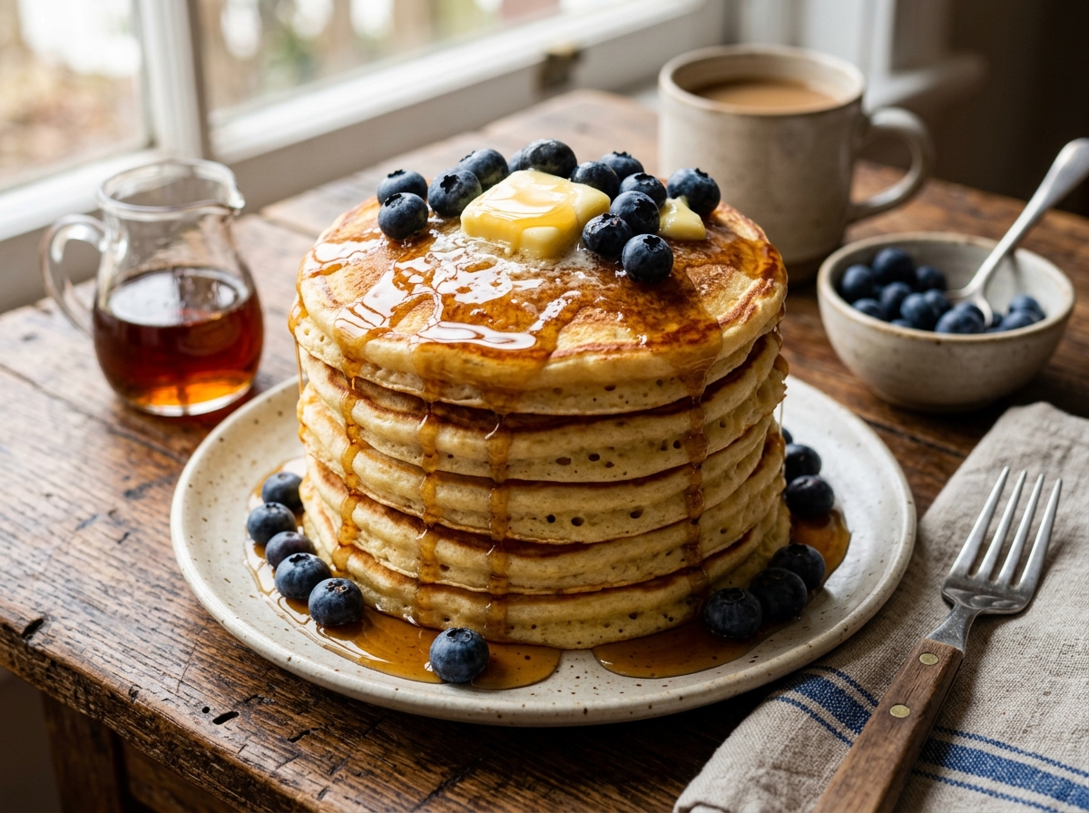 Tall stack of golden buttermilk pancakes topped with melting butter and pure maple syrup