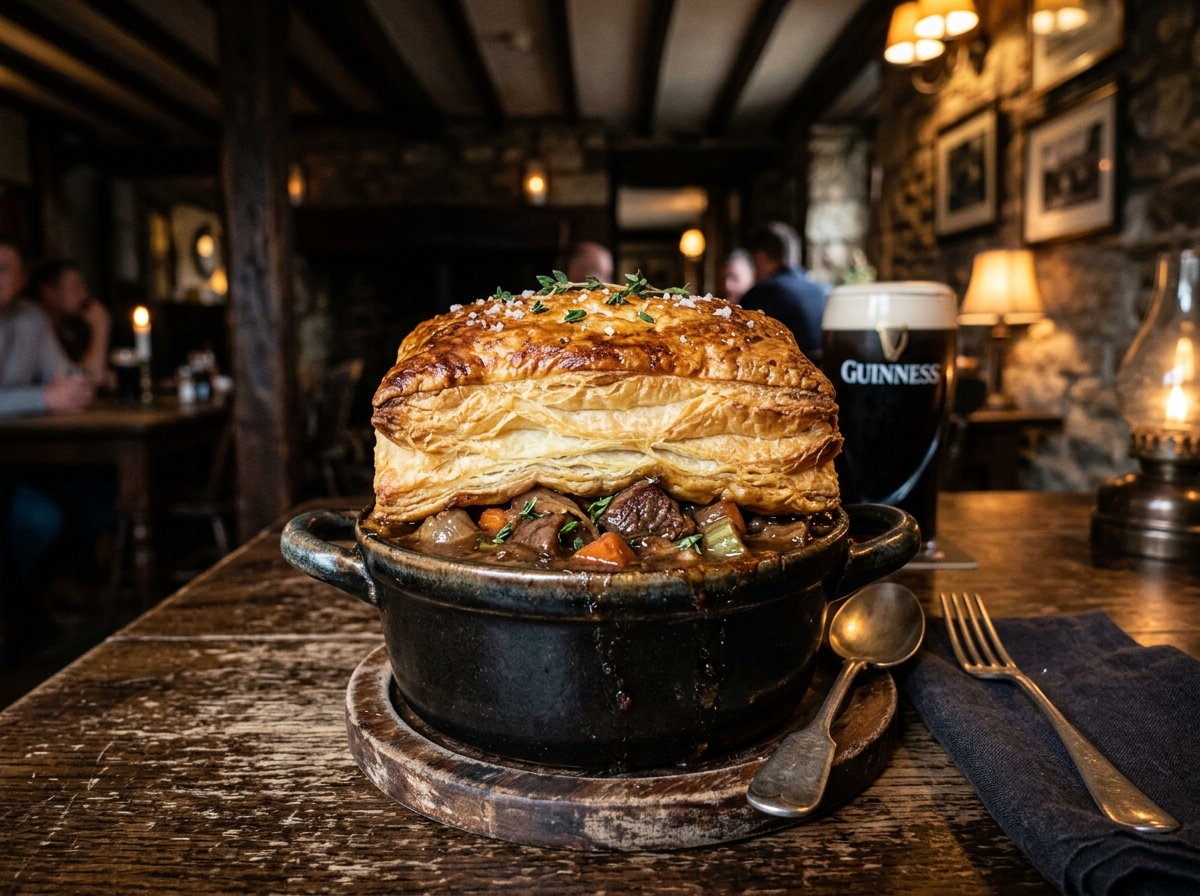Rich Guinness beef stew topped with golden puffed pastry lid in an individual baker