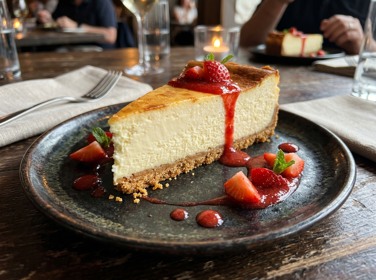 Slice of velvety New York baked cheesecake with buttery graham crust on dessert plate