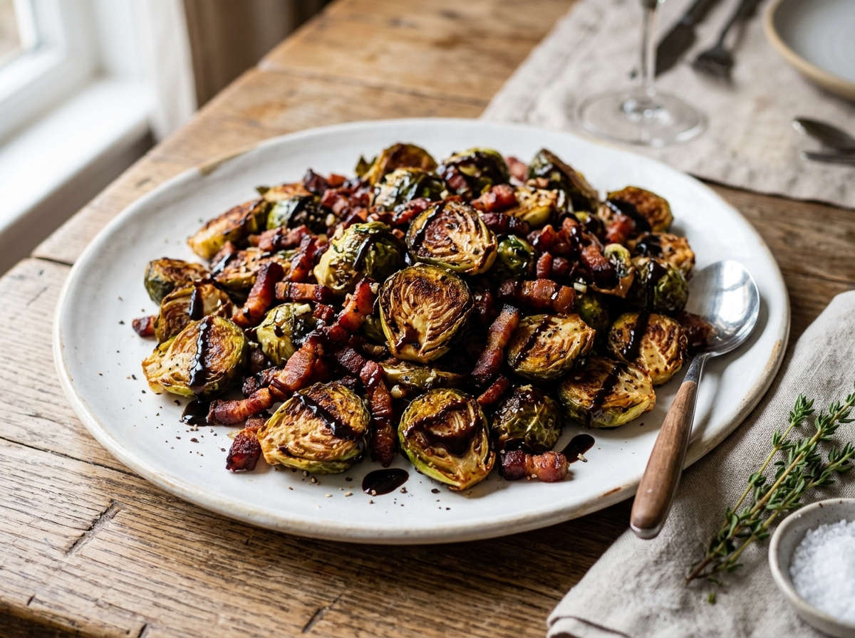 Caramelized roasted Brussels sprouts with crispy bacon pieces and balsamic glaze drizzle