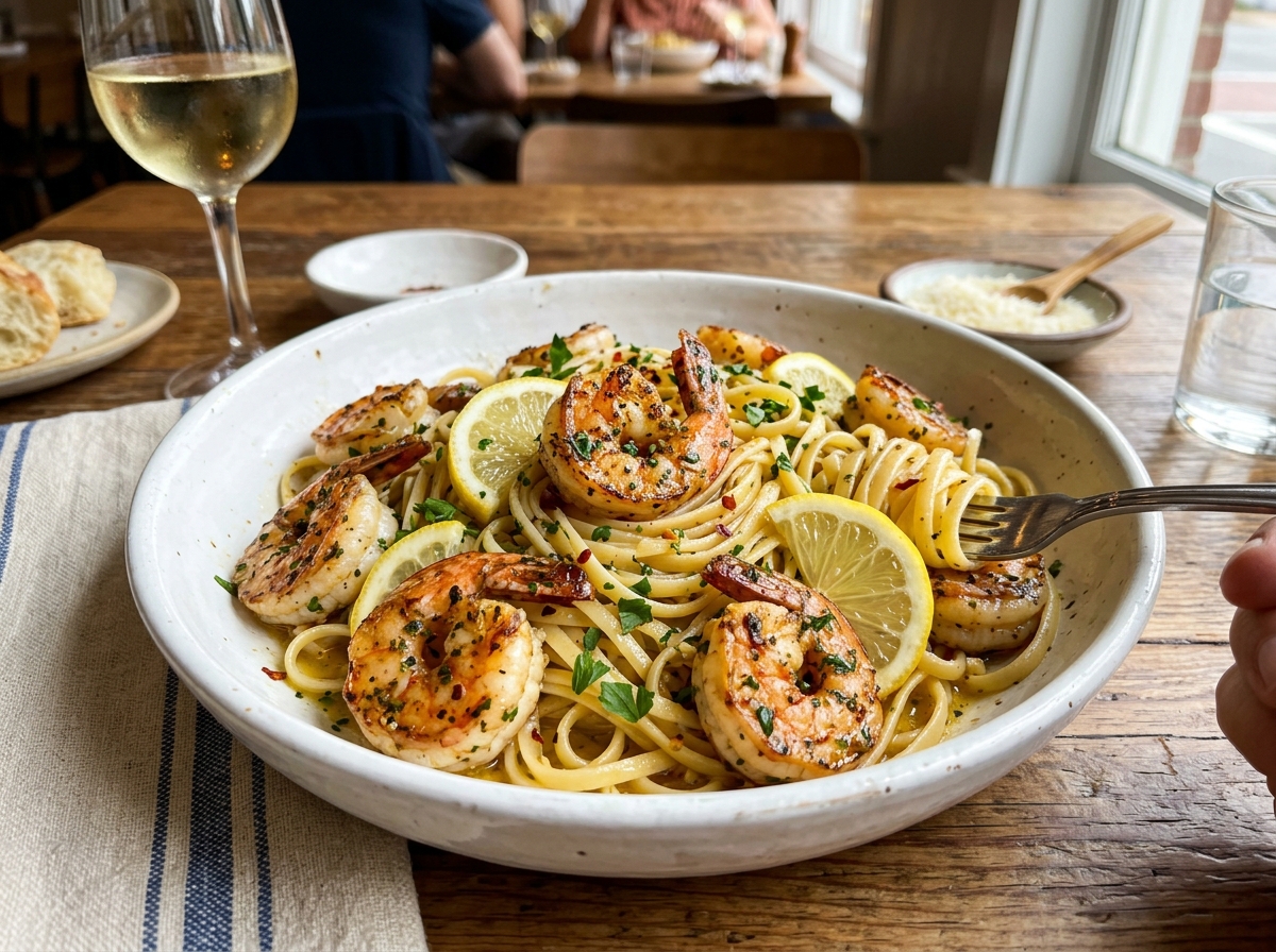 Sautéed jumbo shrimp tossed with linguine pasta in white wine garlic butter sauce